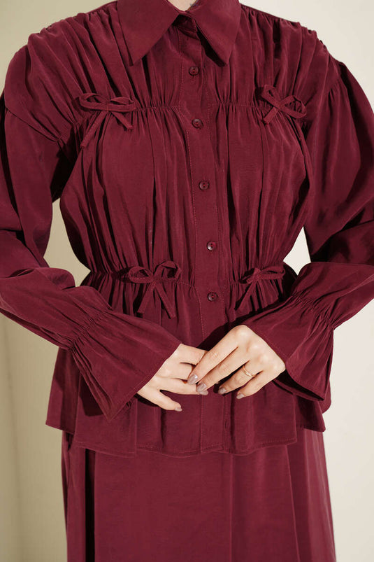 Two-Piece Set with Collar Ruching, Bow, and Skirt in Burgundy