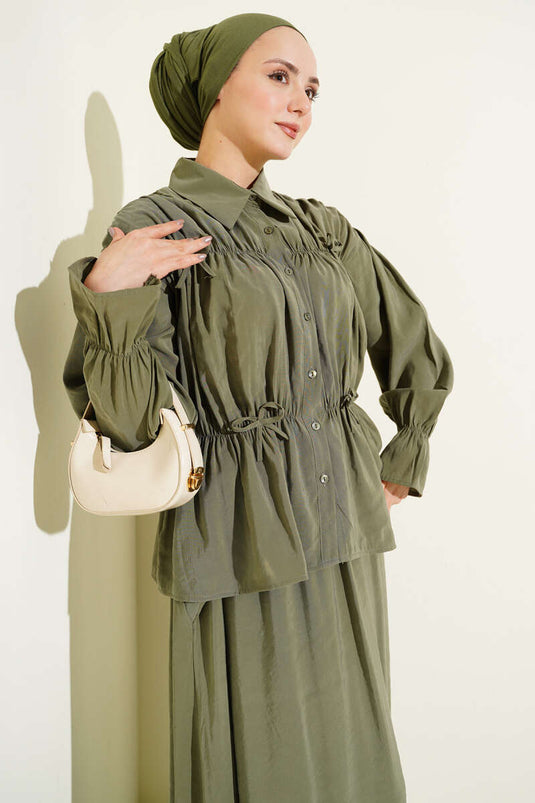 Two-Piece Set with Collar Ruching, Bow, and Skirt in Khaki