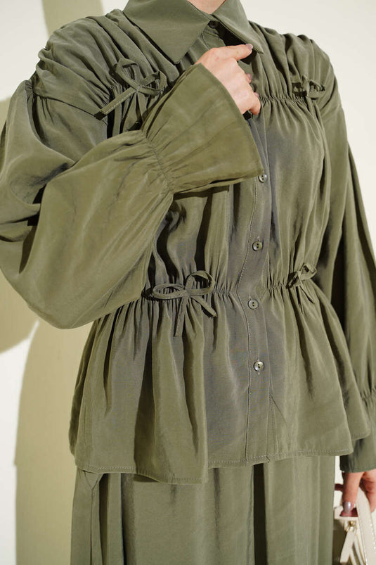 Two-Piece Set with Collar Ruching, Bow, and Skirt in Khaki
