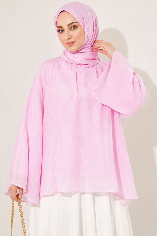 Yaka Büzgülü Geniş Kollu Bluz Pembe