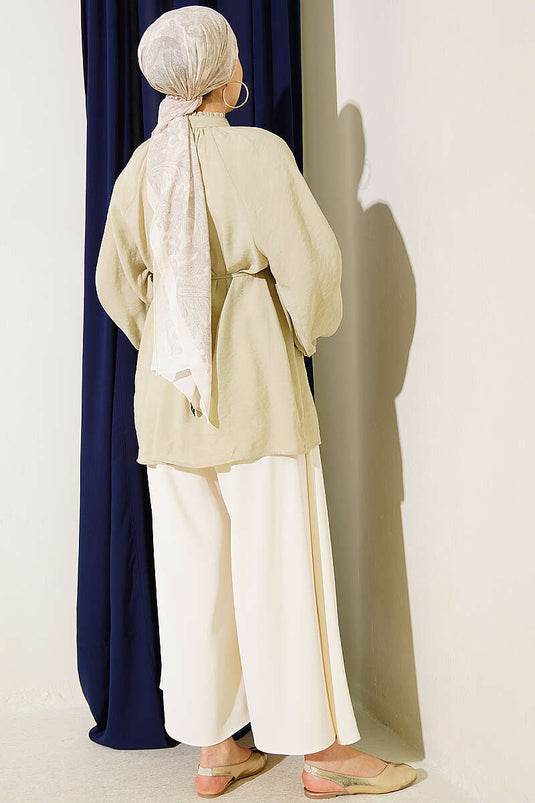 Collar Gathered Shirt With Tie Belt In Sage Green