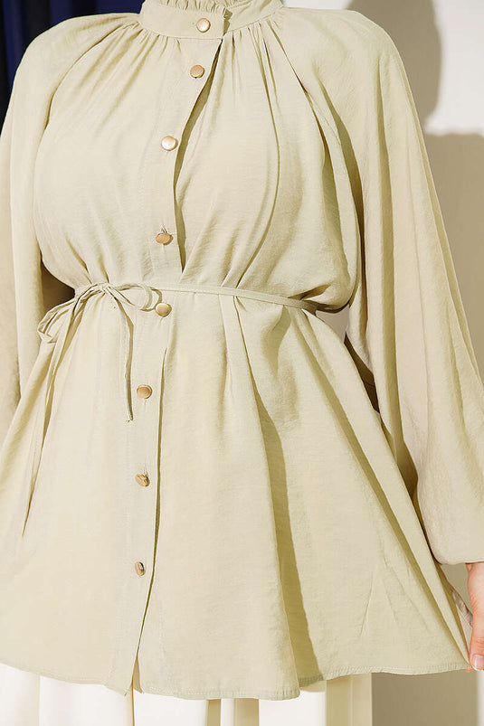 Collar Gathered Shirt With Tie Belt In Sage Green