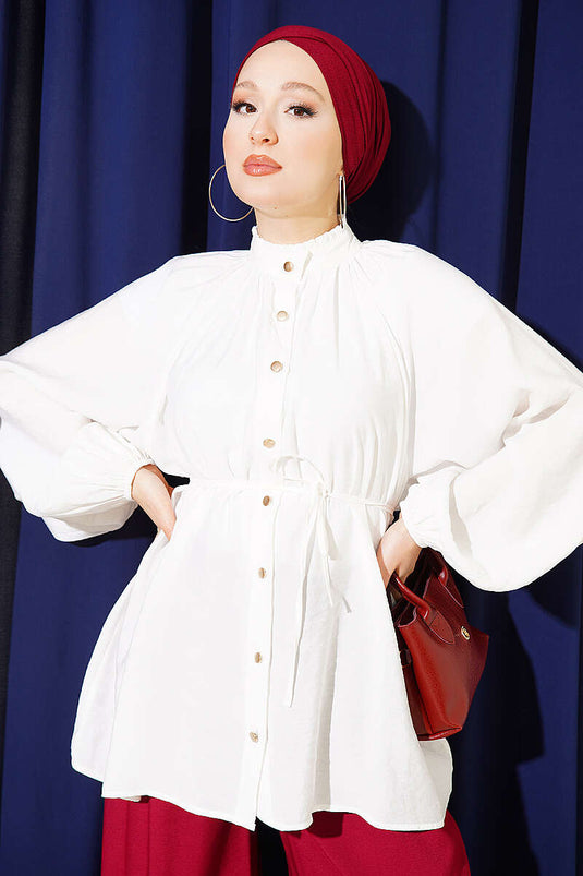 Ecru Shirt With Gathered Collar And Tie Belt