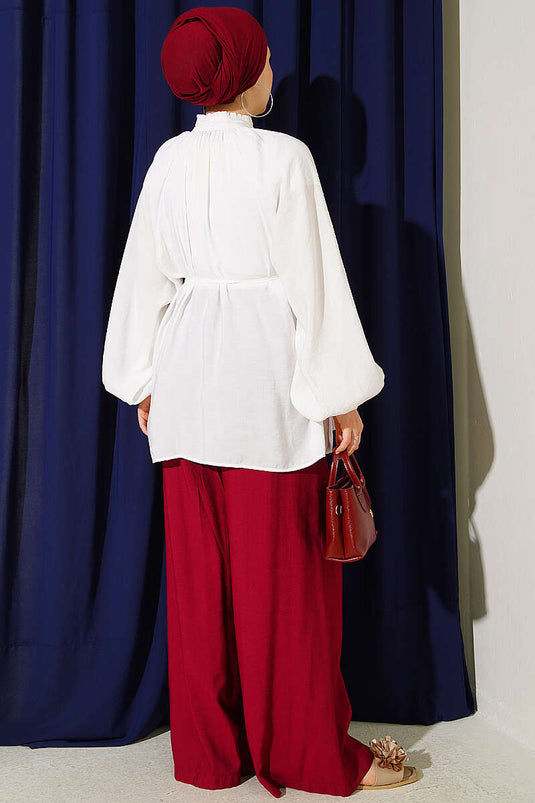 Ecru Shirt With Gathered Collar And Tie Belt