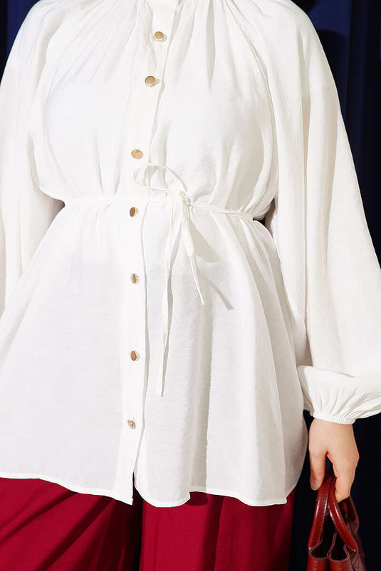 Ecru Shirt With Gathered Collar And Tie Belt