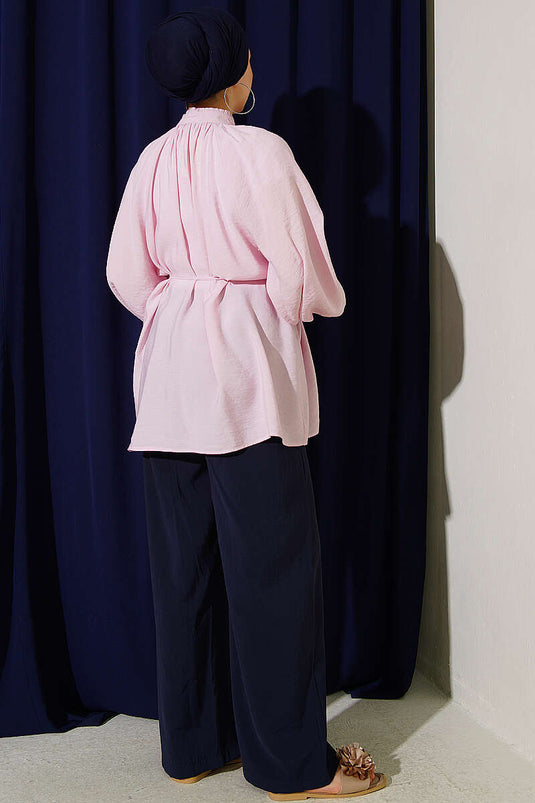 Pink Shirt With Gathered Collar And Tie Waist