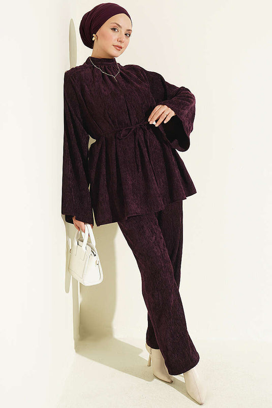 Velvet Two-Piece Set With Gathered Collar And Tie Belt In Plum