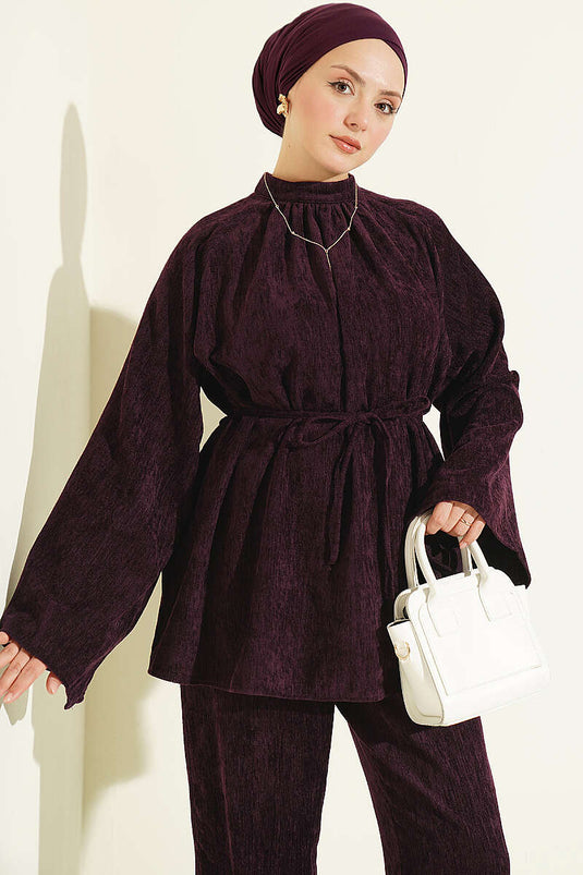 Velvet Two-Piece Set With Gathered Collar And Tie Belt In Plum
