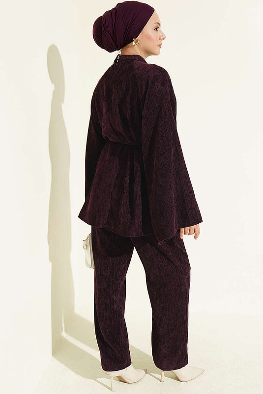 Velvet Two-Piece Set With Gathered Collar And Tie Belt In Plum