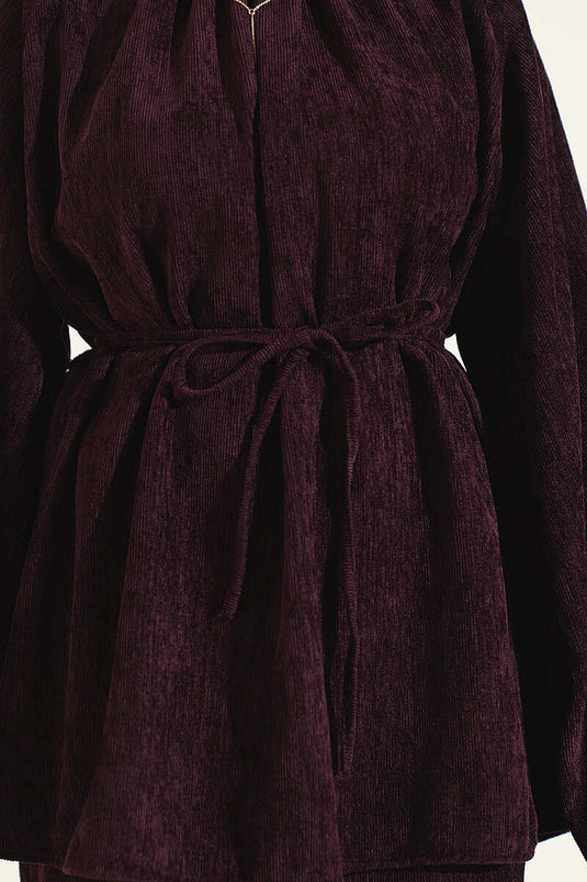 Velvet Two-Piece Set With Gathered Collar And Tie Belt In Plum