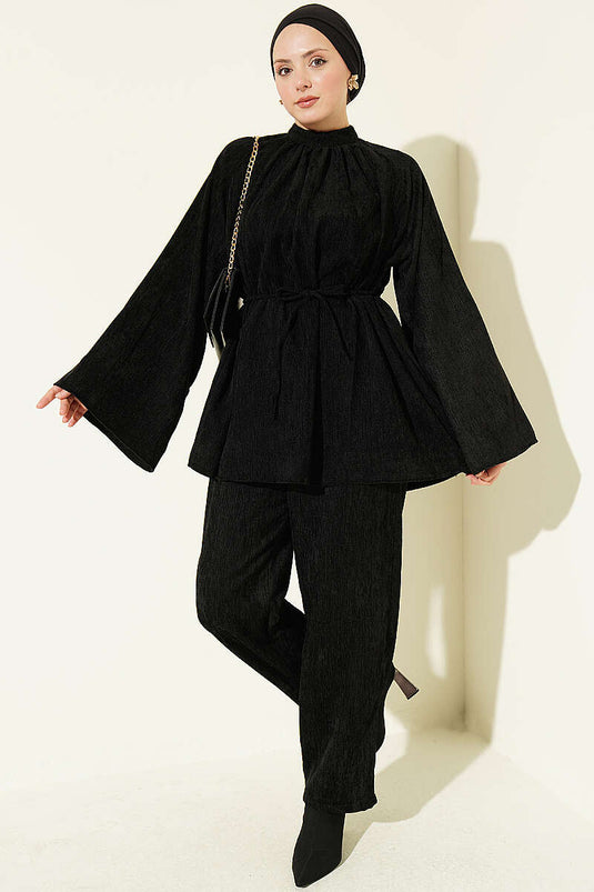 Black Velvet Two-Piece Set With Drawstring Collar And Waist Tie