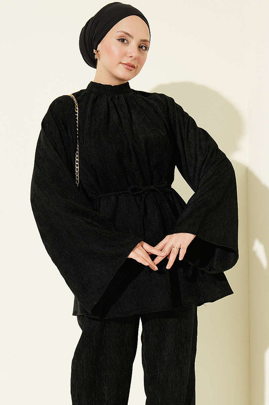 Black Velvet Two-Piece Set With Drawstring Collar And Waist Tie