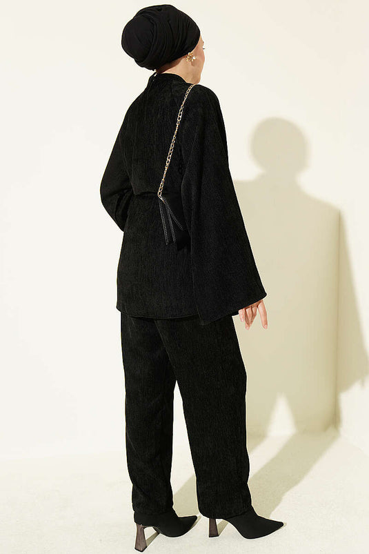 Black Velvet Two-Piece Set With Drawstring Collar And Waist Tie