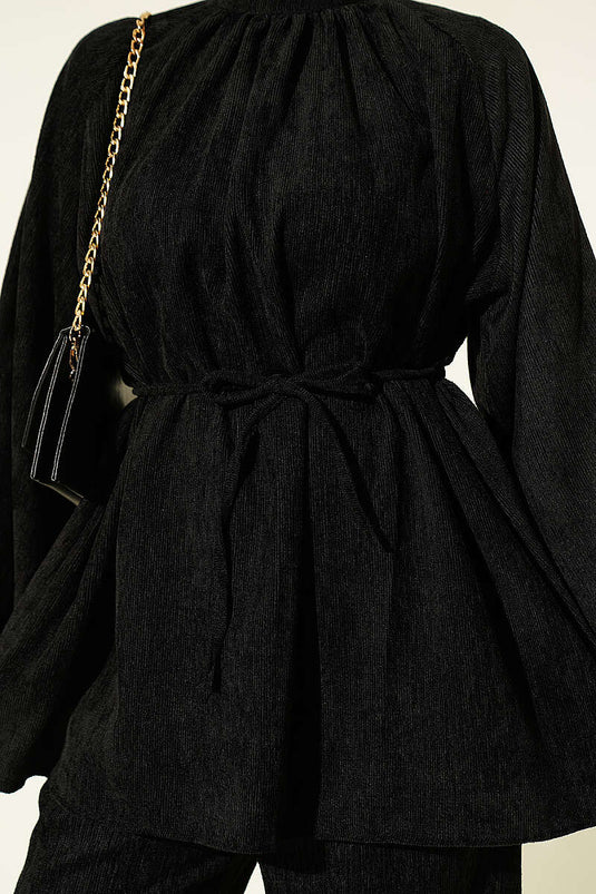 Black Velvet Two-Piece Set With Drawstring Collar And Waist Tie