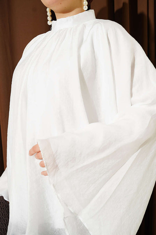 Yaka Büzgülü Oversize Tunik Beyaz