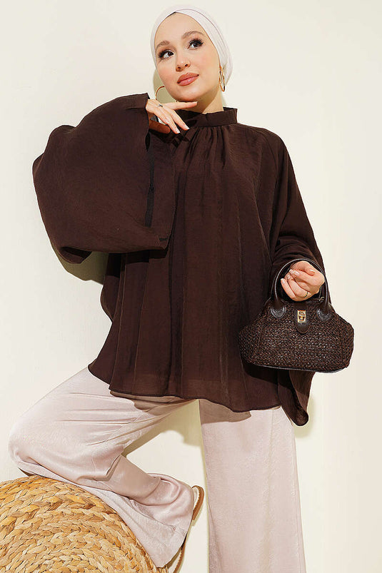 Yaka Büzgülü Oversize Tunik Kahve