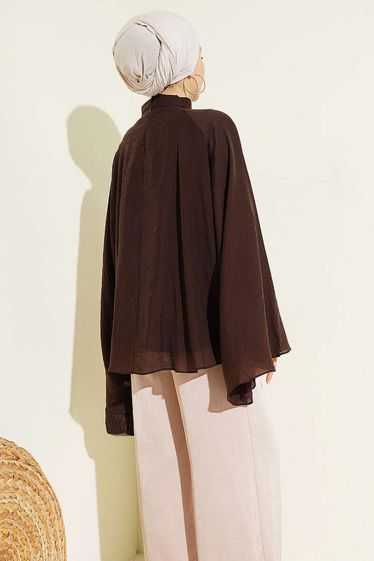 Yaka Büzgülü Oversize Tunik Kahve