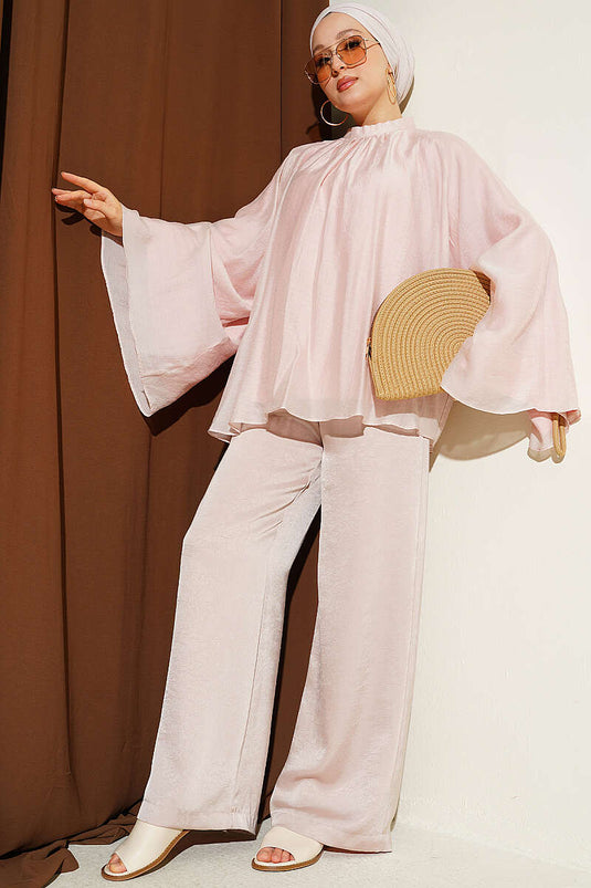 Yaka Büzgülü Oversize Tunik Pudra