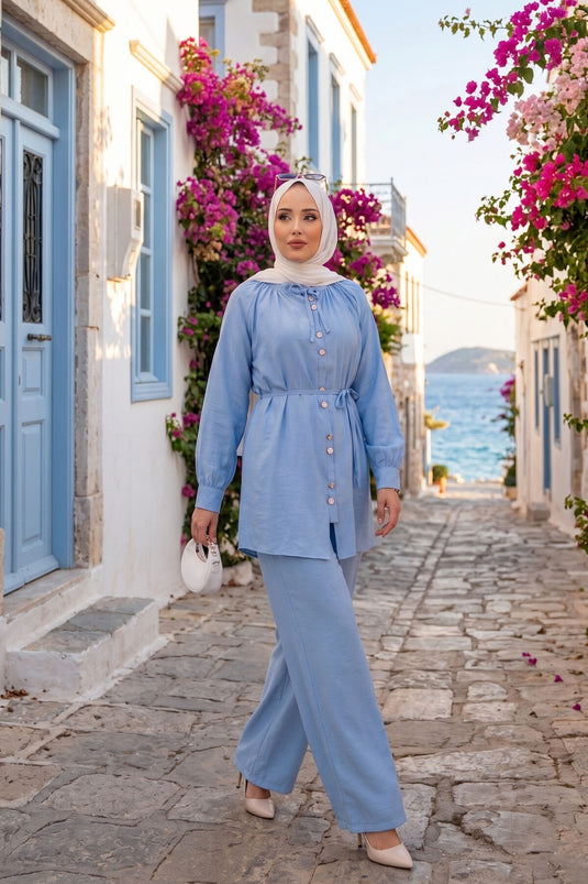 Yaka Büzgülü Tunik Pantolonlu İkili Takım Bebe Mavisi