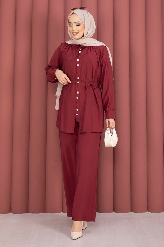 Ensemble deux pièces tunique à col montant froncé avec pantalon, bordeaux