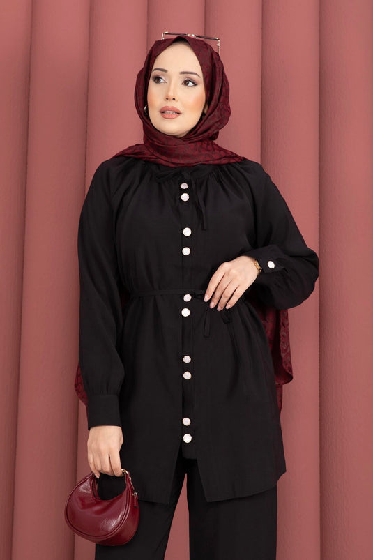 Ensemble deux pièces tunique à col Yaka froncée avec pantalon noir