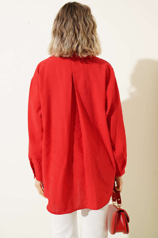 Oversized Shirt with Collar and Pockets Red