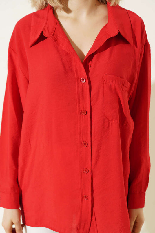 Oversized Shirt with Collar and Pockets Red