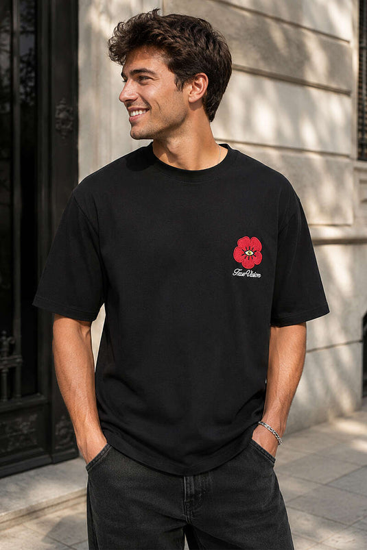 Yaka Çiçek Nakışlı Erkek Oversize T-shirt Siyah