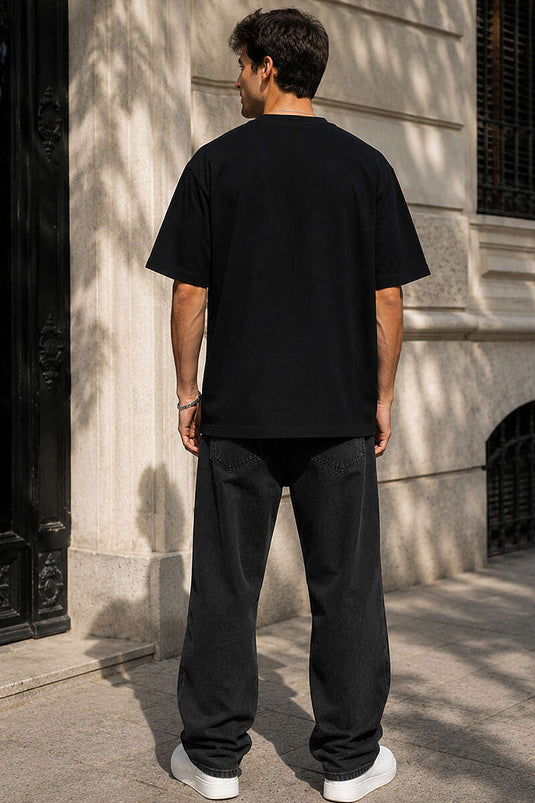 Yaka Çiçek Nakışlı Erkek Oversize T-shirt Siyah