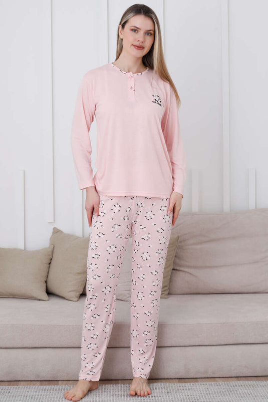 Yaka Çiçek Nakışlı Pijama Takımı Yavru Ağzı