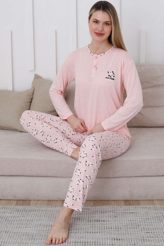 Yaka Çiçek Nakışlı Pijama Takımı Yavru Ağzı