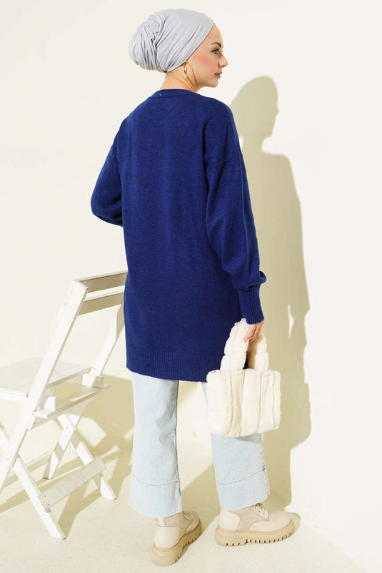 Soft Knit Tunic with Floral Collar, Navy Blue