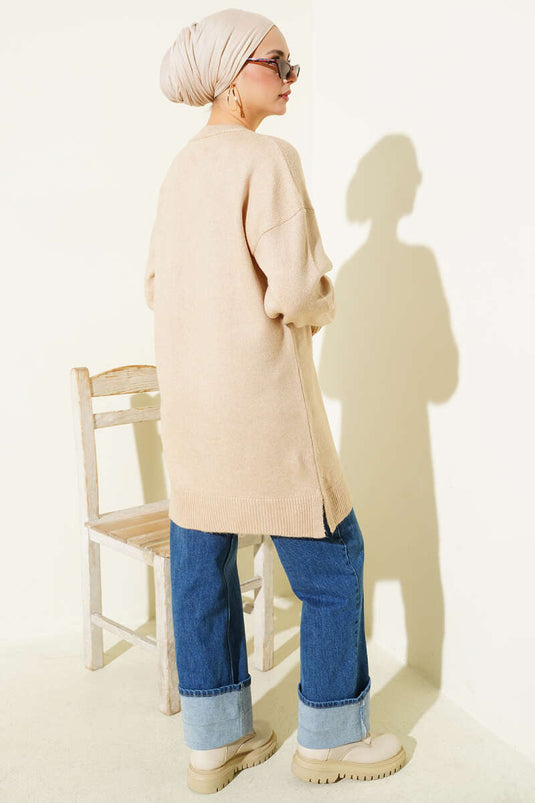 Soft Floral Collar Knit Tunic Latte