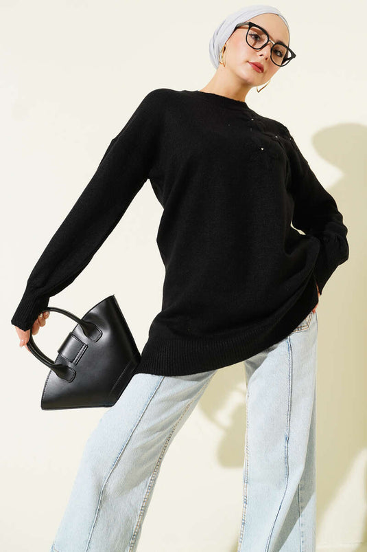 Soft Floral Collar Knit Tunic Black