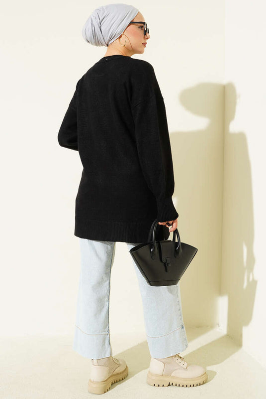 Soft Floral Collar Knit Tunic Black