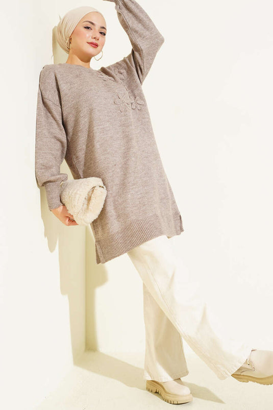 Soft Knit Tunic with Floral Collar and Mink