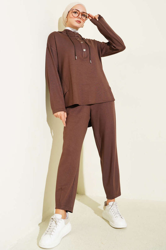 Snap Collar Hooded Two Piece Suit Brown