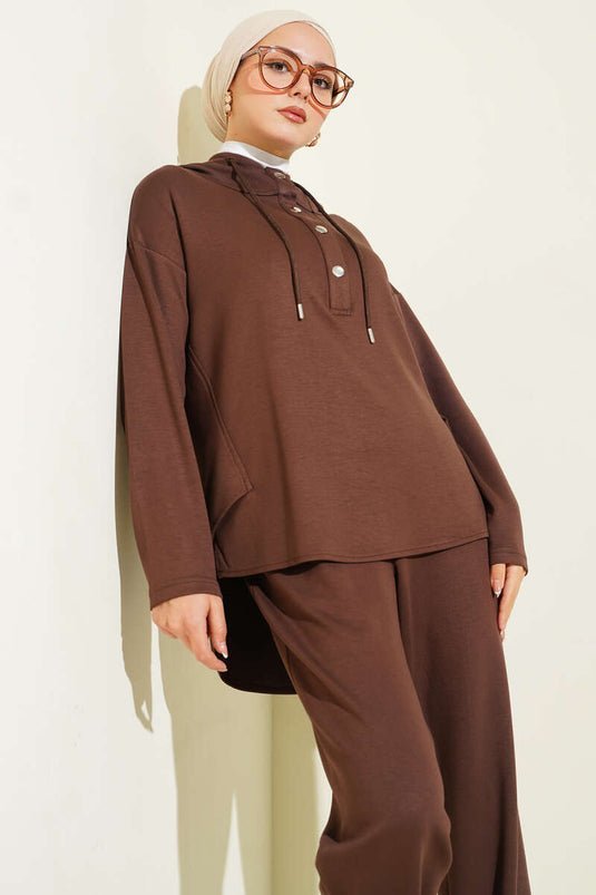 Snap Collar Hooded Two Piece Suit Brown