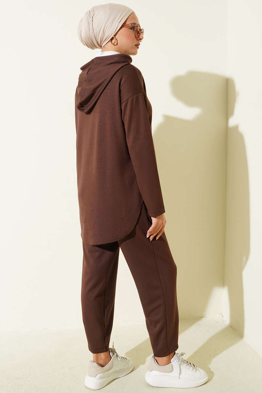 Snap Collar Hooded Two Piece Suit Brown