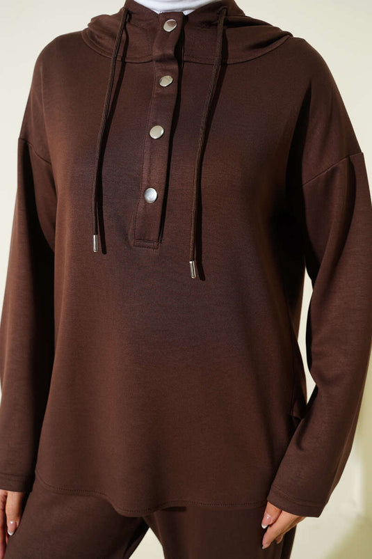 Snap Collar Hooded Two Piece Suit Brown