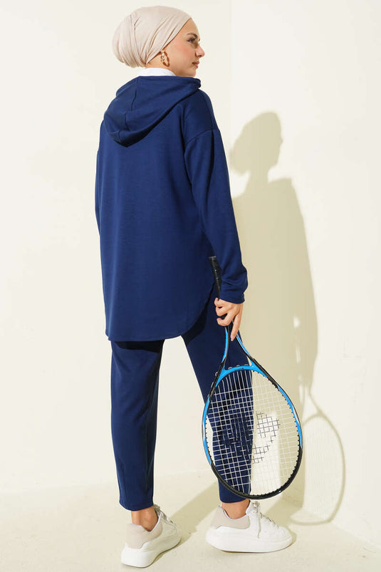 Snap Collar Hooded Two-Piece Suit Navy Blue