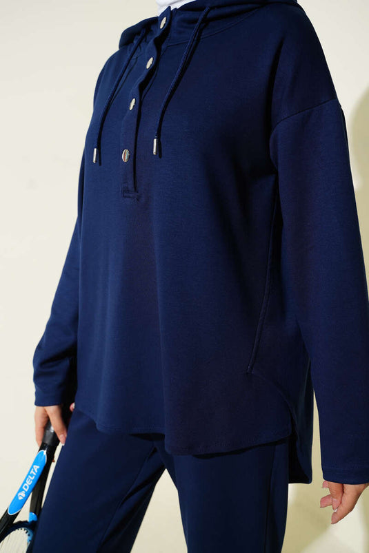 Snap Collar Hooded Two-Piece Suit Navy Blue