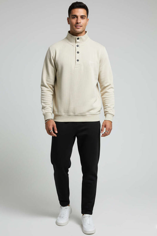 Sweat-shirt homme beige à col boutonné