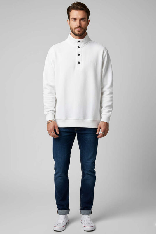 Sweat-shirt à col boutonné pour homme, blanc