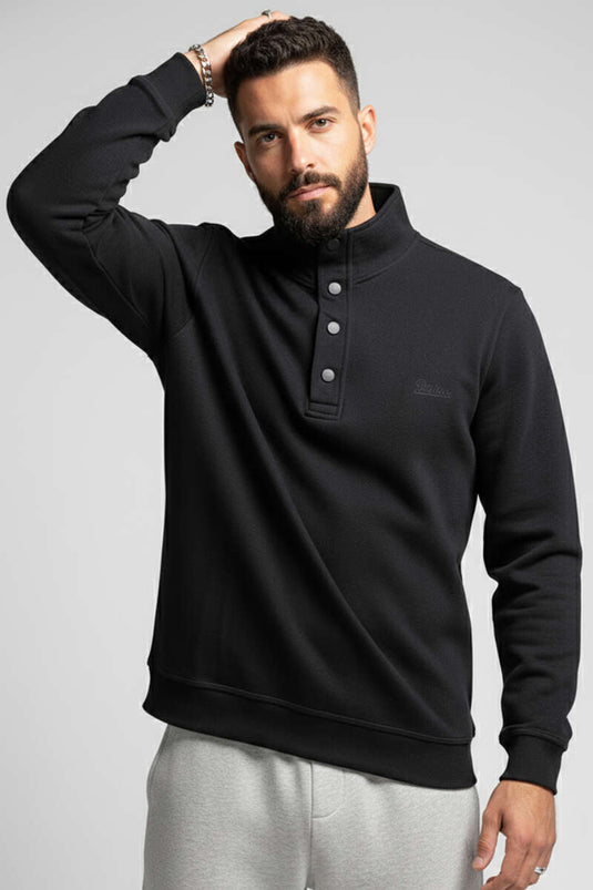سويت شيرت رجالي بياقة بأزرار كبس، أسود