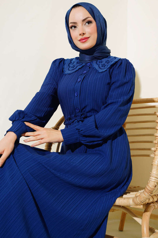Yaka Dantelli Bel Tünelli Elbise Lacivert