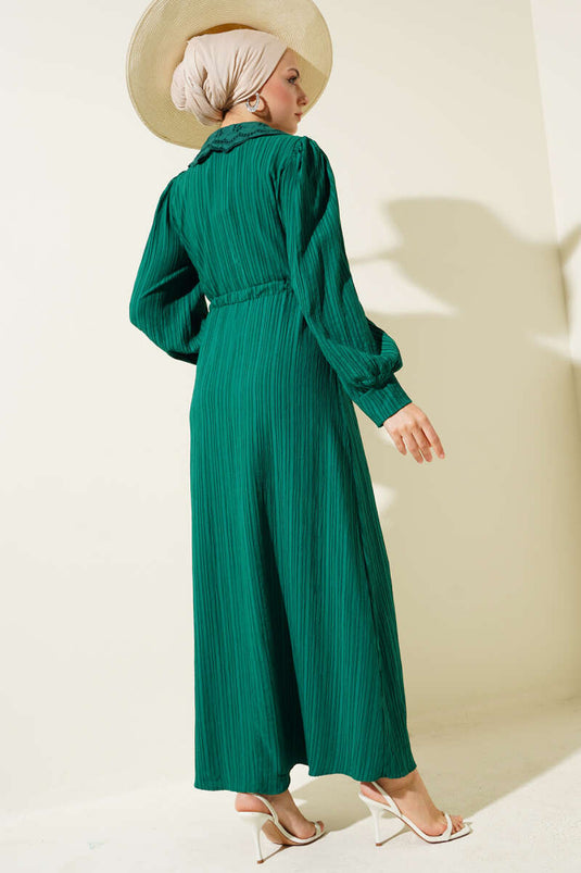 Yaka Dantelli Düğmeli Elbise Yeşil