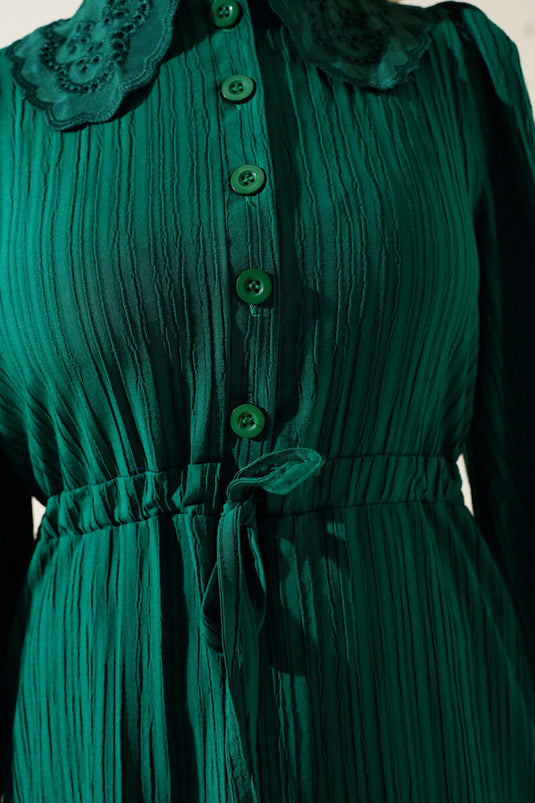 Yaka Dantelli Düğmeli Elbise Yeşil