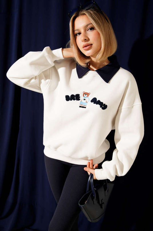 سويت شيرت بثلاثة خيوط مع تفاصيل على الياقة، لون بيج فاتح