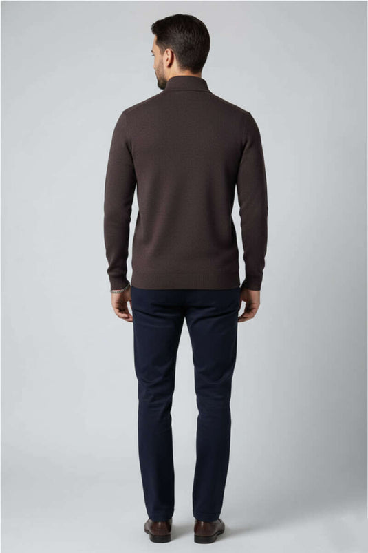 Sweat-shirt homme avec col et demi-zip, marron foncé